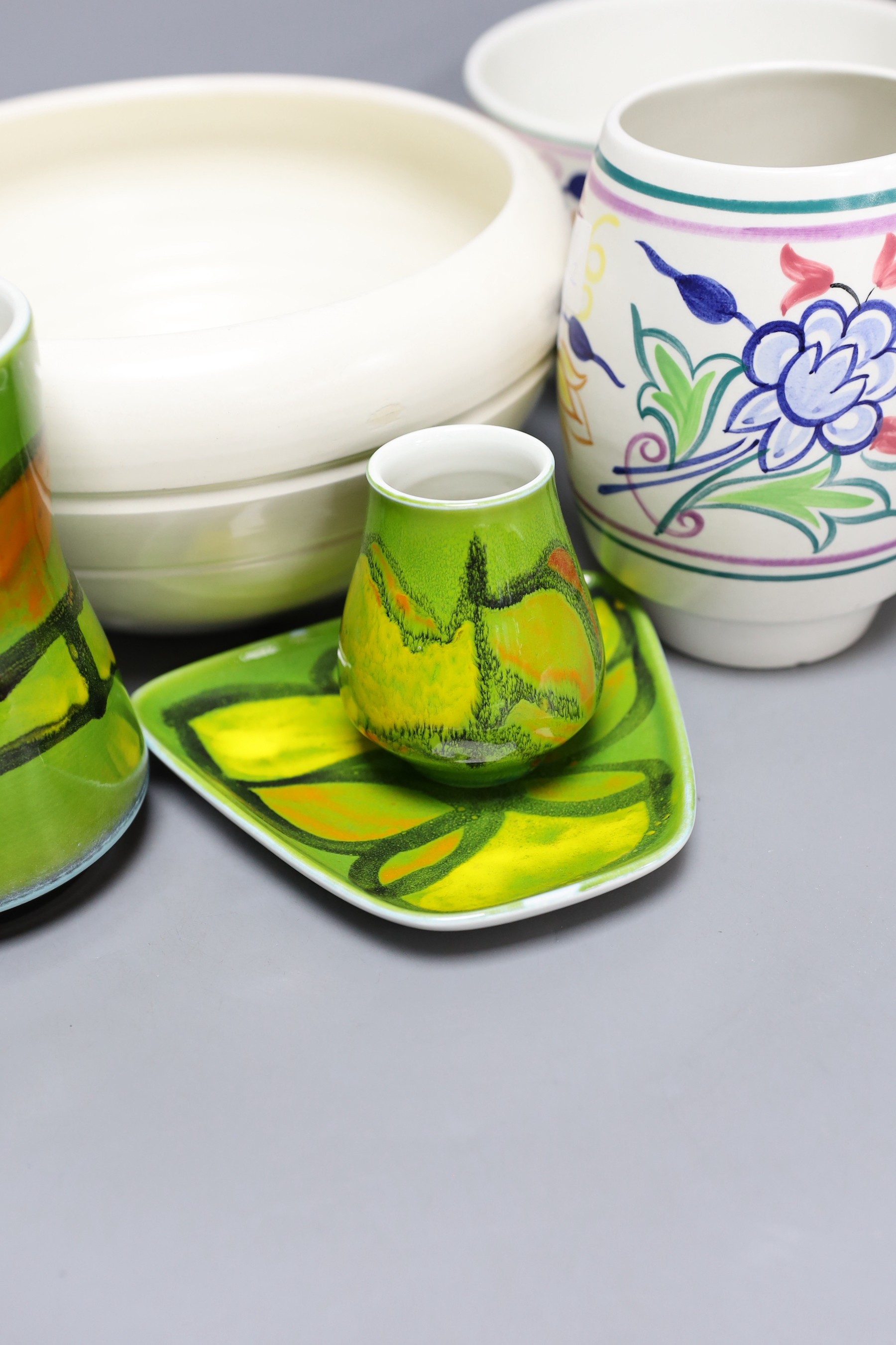 Four pieces of Delphis Poole Pottery, together with three other pieces of Poole, tallest 23cm (7)